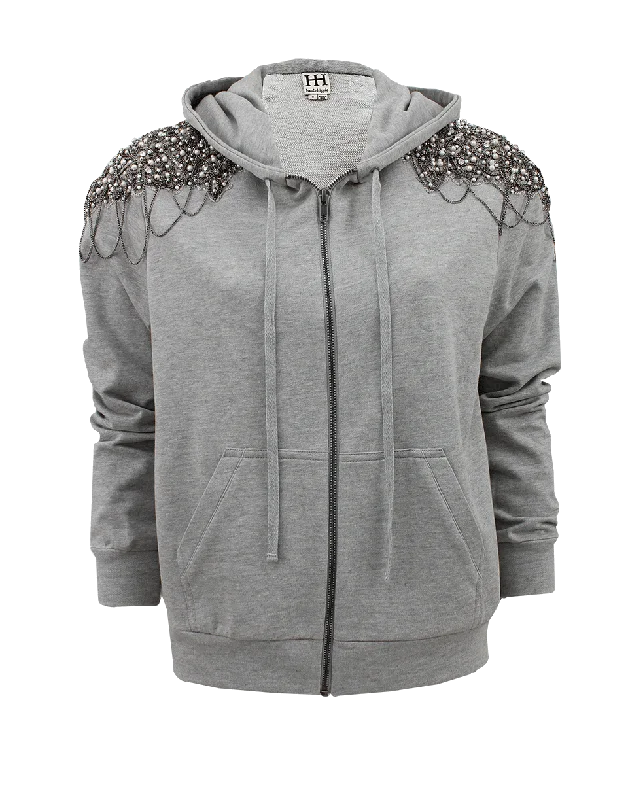 Long Sleeve Zip Up Embellished Hoodie Hoodie with Lace Feminine Delicate