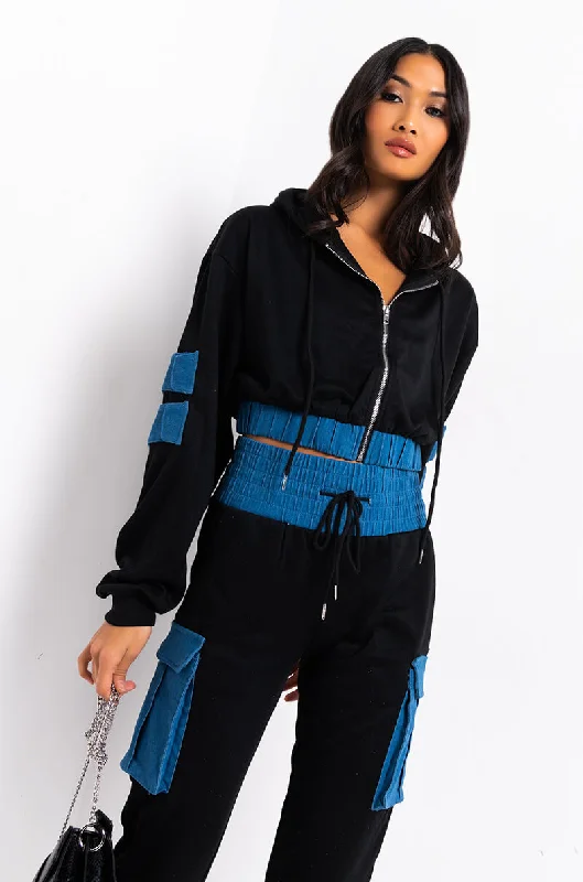 BEATRIX DENIM DETAIL SWEATSHIRT Hoodie with Slit Hem Functional Movement