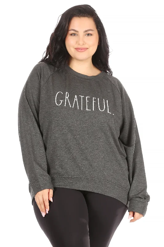 Women's "GRATEFUL" Plus Size Studio Raglan Sweatshirt Hoodie with Hem Frayed Vintage Worn