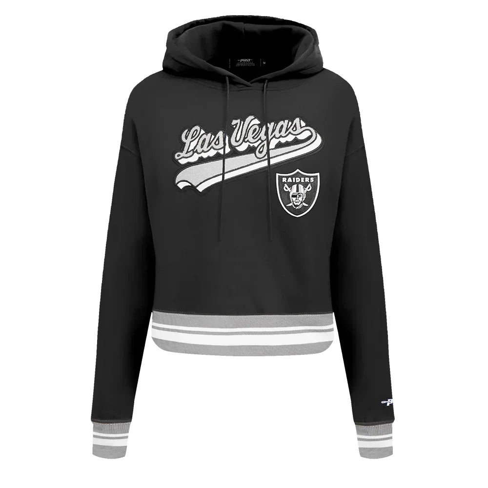 Women's Pro Standard Las Vegas Raiders Black Script Tail Fleece Cropped Pullover Hoodie - Black Hoodie with Lining Warm Insulated