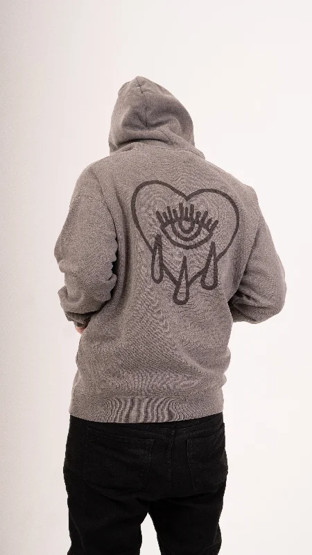 Zip Faded Crying Heart Hoodie - Grey Hoodie with Hem Patch Decorative Personalized