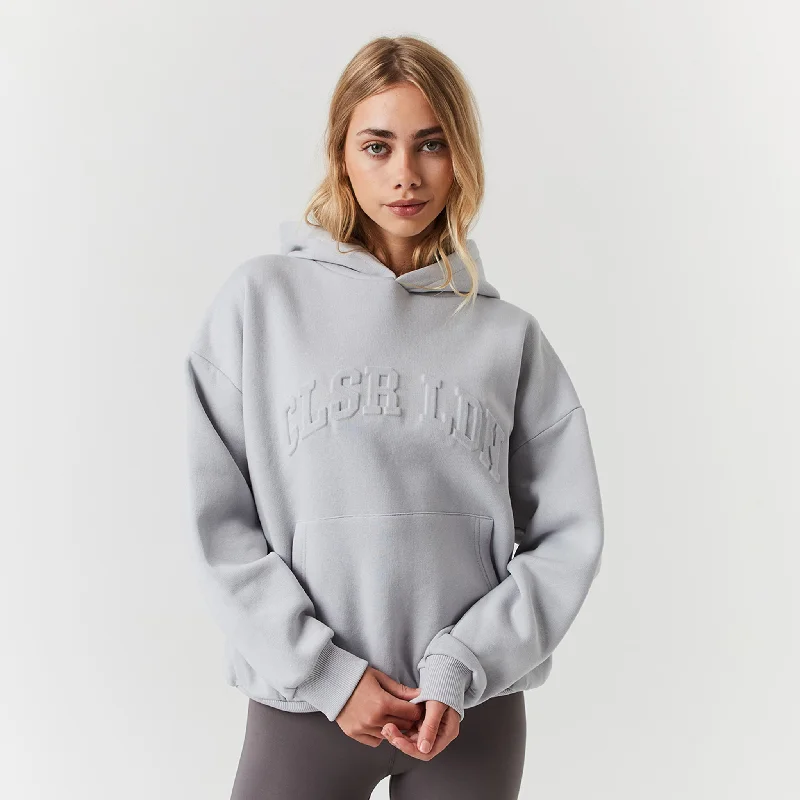 Embossed Varsity Hoodie | Ice Grey Hoodie with Elastic Waist Stretchable Comfortable