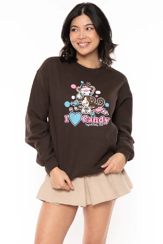 I Love Candy - Bobby Jack Crew Sweatshirt - Brown Hoodie with Elastic Waist Stretchable Comfortable