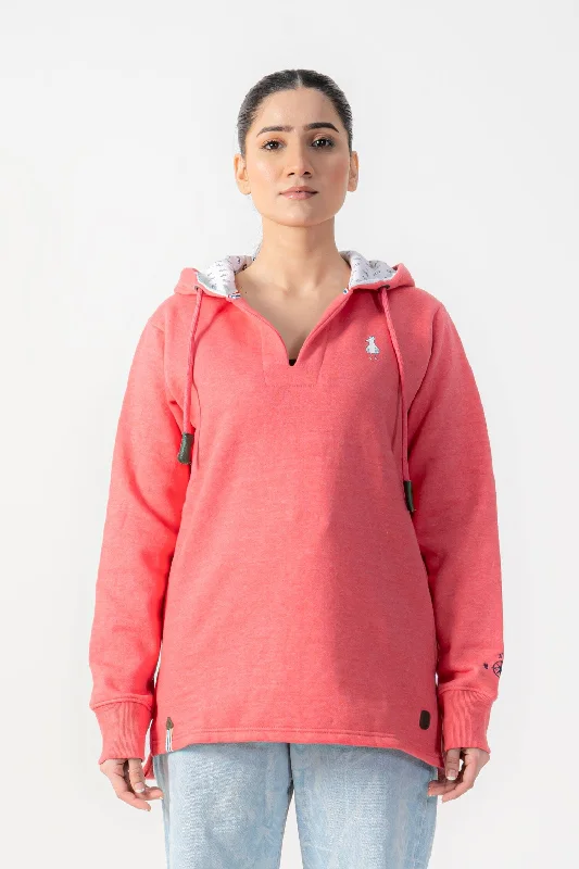 Women's Coral Hoodie with Drawstring and Embroidered Logo Hoodie with Patch Decorative Personalized