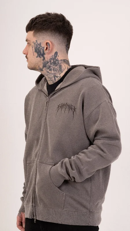 Zip Faded Metal Logo Hoodie - Grey Hoodie with Hem Contrast Bold Stylish