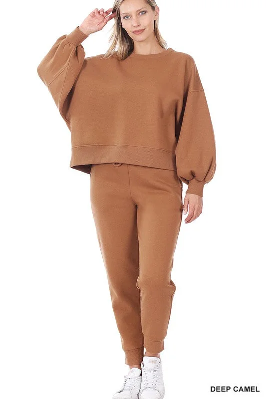 Balloon Sleeve Sweatshirt & Sweatpants Set Hoodie with Hem Elastic Stretchable Comfortable