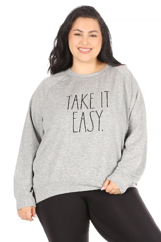 Women's "TAKE IT EASY" Plus Size Studio Raglan Sweatshirt Hoodie Dress Longline Feminine