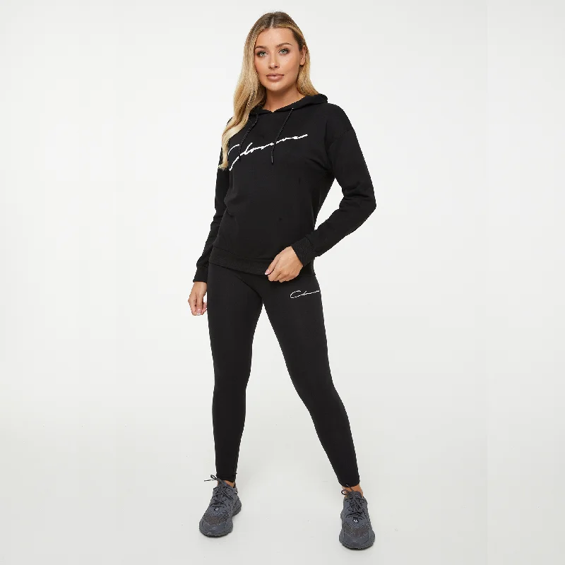 Core Script Hoodie Set | Black Hoodie with High-Low Hem Asymmetrical Trendy