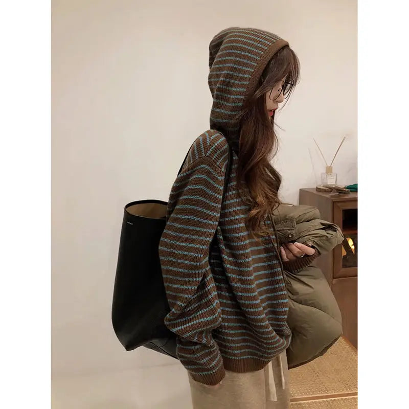 Wjczt Vintage Striped Brown Sweater Women Harajuku Korean Style Knit Tops Hoodies Oversize Casual Female Long Sleeves Pullover Jumper Hoodie with Double Zipper Versatile Adjustable