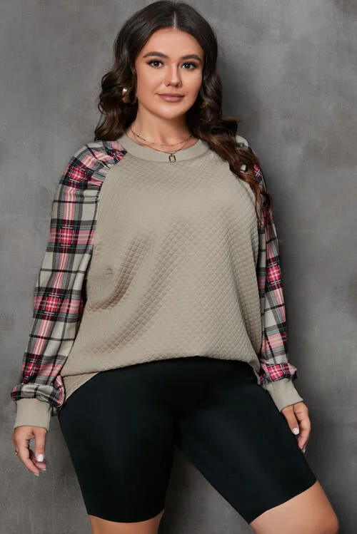 Khaki Color Plaid Round Neck Plus Size Sweatshirt Hoodie with Strings Custom Fit Adjustable