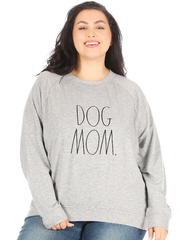 Women's "DOG MOM" Plus Size Studio Raglan Pullover Sweatshirt Hoodie with Hem Raw Edge Edgy Unfinished