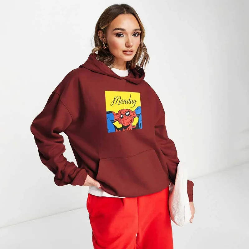 Safina Women's Monday Spider-Man Printed Oversized Fleece Pullover Hoodie Hoodie with Earth Tones Natural Calm