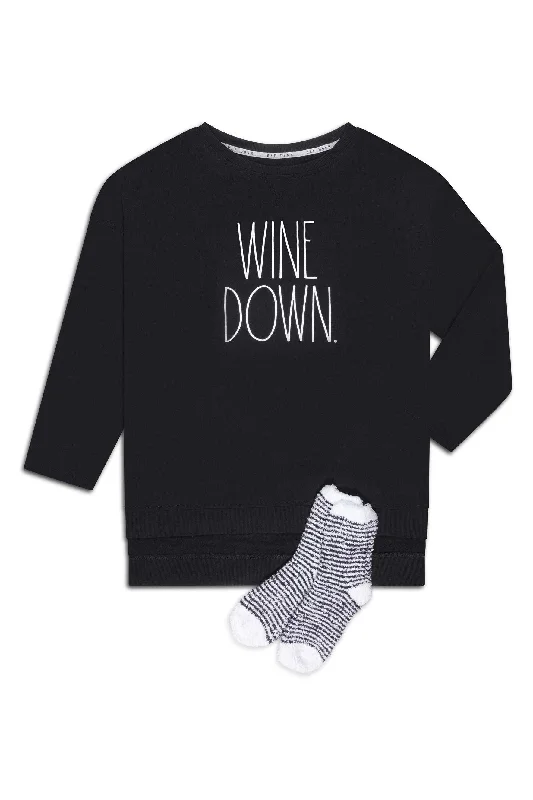 Women's Plus Size "WINE DOWN" Pullover Tunic Sweatshirt with Cozy Socks Hoodie Crop Top Short Trendy