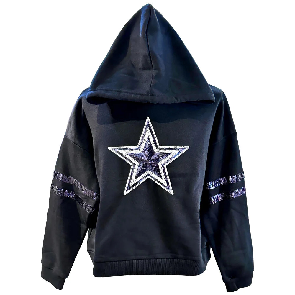 Dallas Cowboys Women's Cuce Sequin Cropped Pullover Hoodie Hoodie with Pattern Geometric Abstract