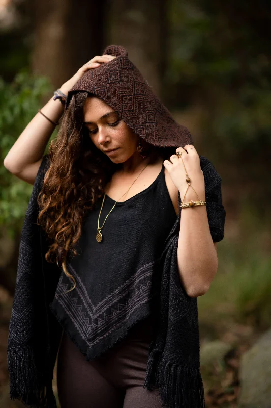 Vayana Tribe Hoodie Shawl - Brown Hood/Black-Gray Shawl Hoodie with Raw Hem Edgy Unfinished