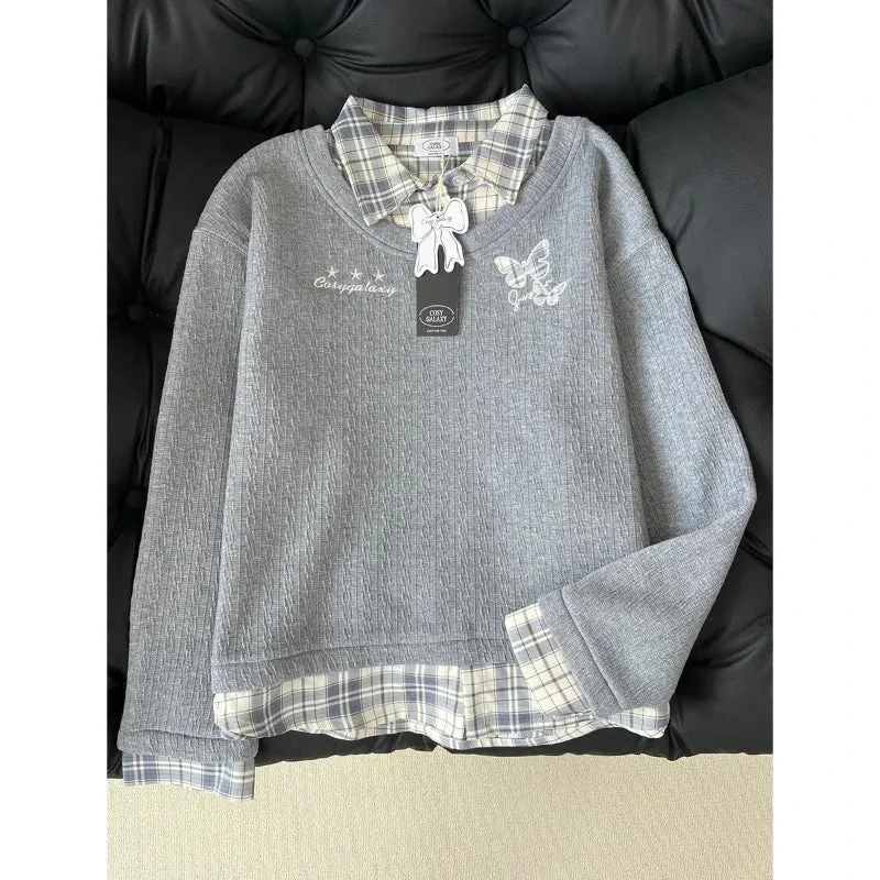 Wjczt Plaid Polo Shirt with Texture and a Collared Sweatshirt for Women Featuring an INS and Plush Korean Version Hoodie with Monochrome Minimalist Simple