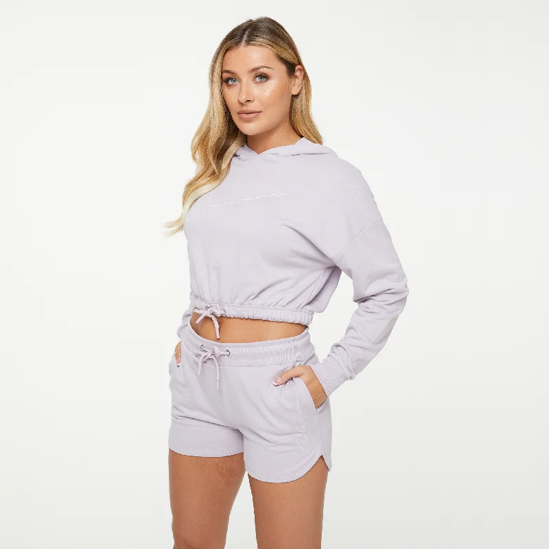 Tonal Embroidered Cropped Hoodie Twinset | Purple Hoodie with Side Slits Relaxed Casual