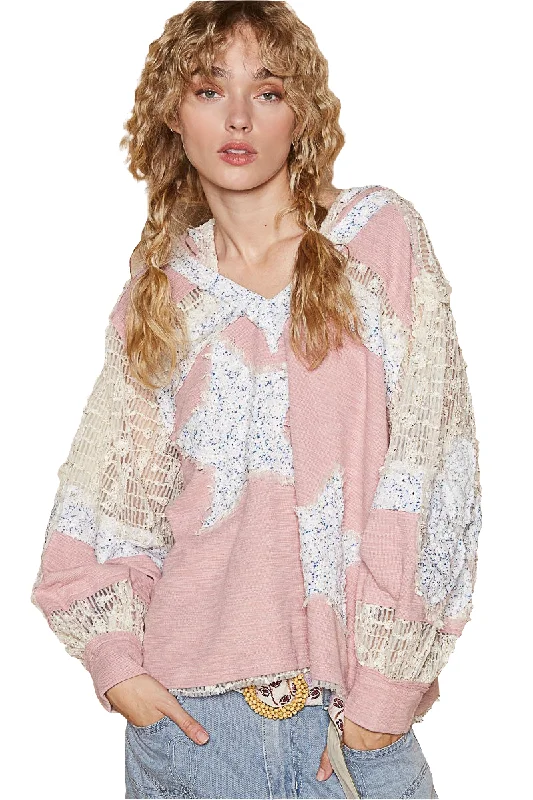 POL Lace Hoodie Star Patchwork Pullover Top Long Sleeve Oversized Bohemian Shirt Hoodie with V-Neck Classic Versatile