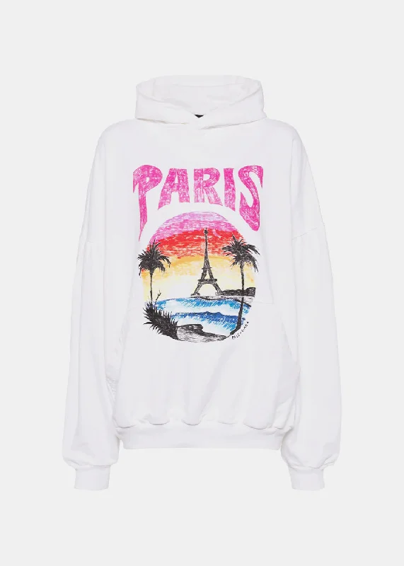 White Paris Tropical Hoodie Hoodie with Rolled Sleeves Casual Relaxed