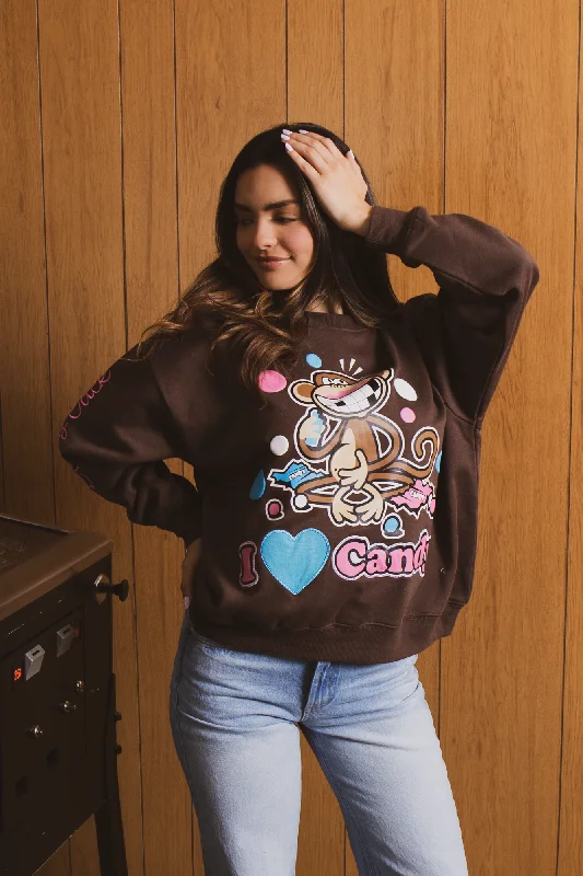 I Love Candy - Bobby Jack Oversized Premium Sweatshirt - Brown Hoodie with Bell Sleeves Flared Feminine