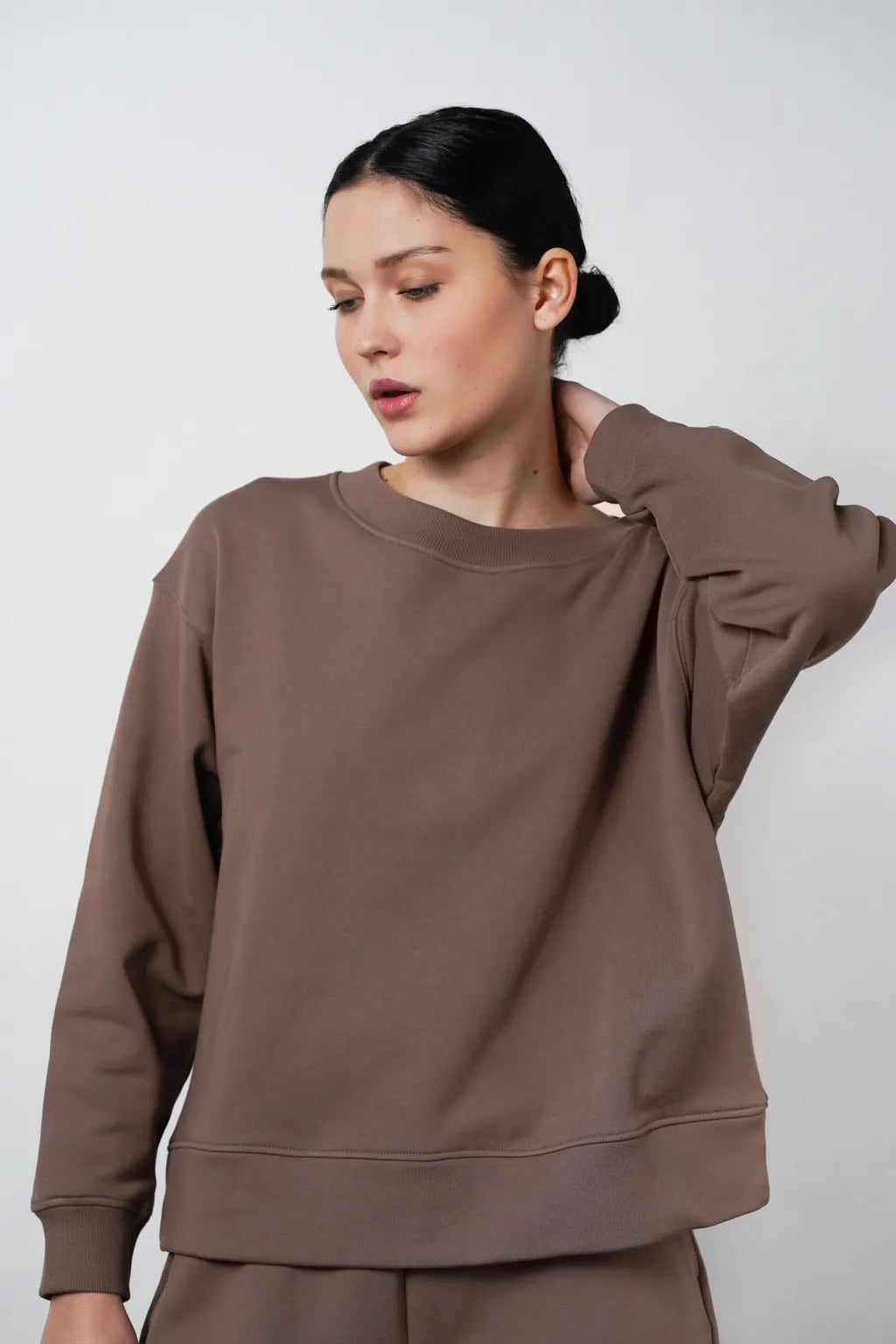 Ruth Sweatshirt Deep Taupe Hoodie with Belted Waist Structured Tailored