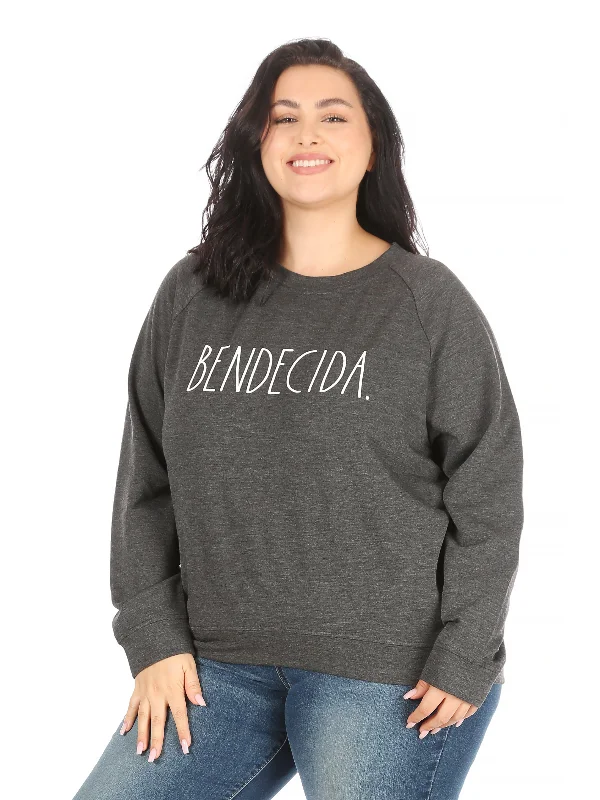 Women's "BENDECIDA" Plus Size Studio Raglan Sweatshirt Hoodie with Hood Adjustable Protection