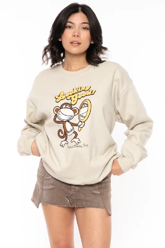 Looking Good - Bobby Jack Crew Sweatshirt - Sand Hoodie with Drawstring Waist Adjustable Fitted