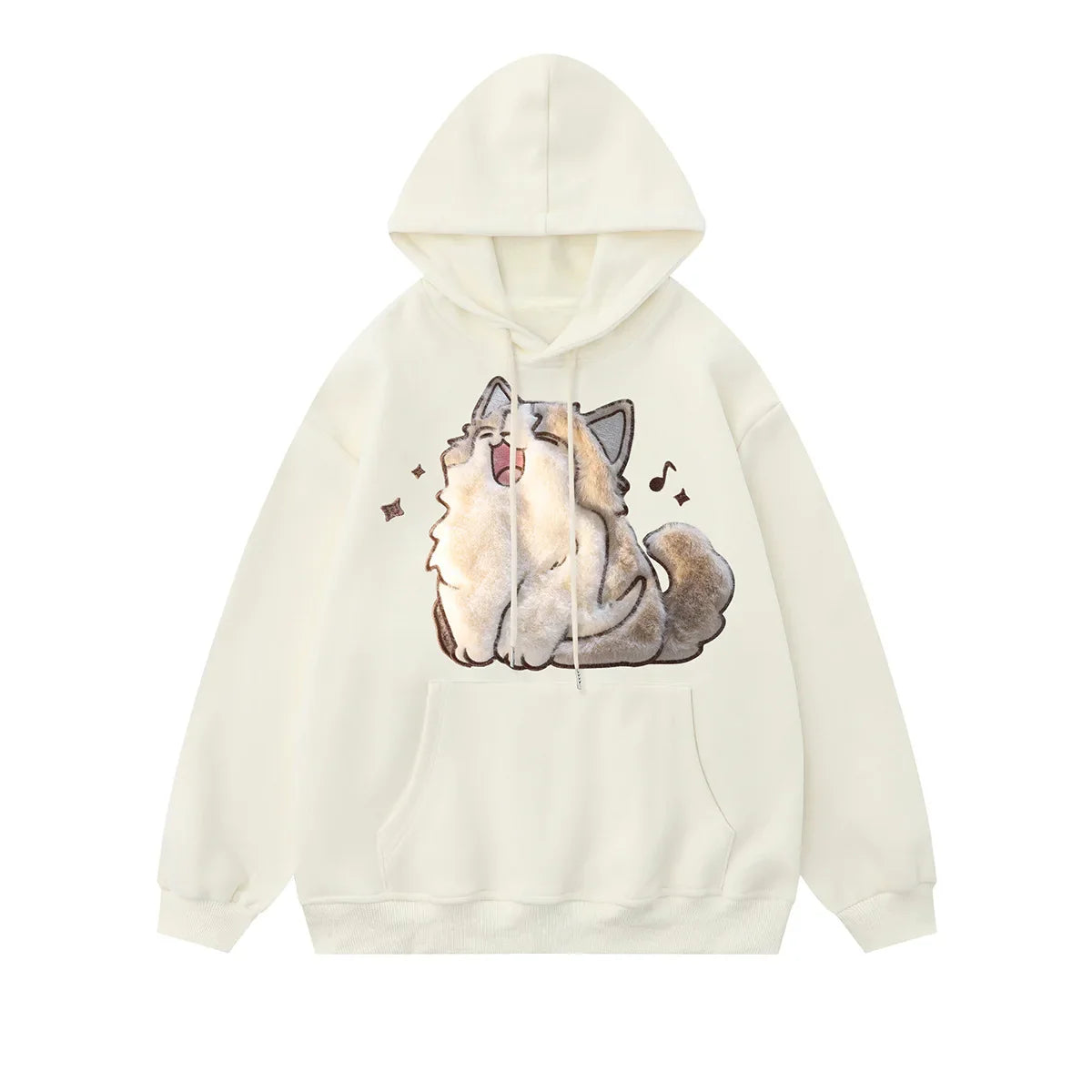 Wjczt 2024 Spring Winter Embroidery Cat Print Pullover Cute Cartoon Street Hoodies Women Men Loose Couples Clothes Versatile Top Hoodie with Contrast Stitching Detailed Premium