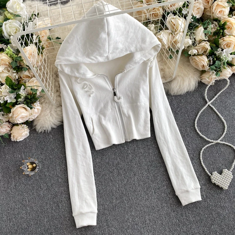 Fashionable autumn long-sleeved short jacket white hoodie  249 Hoodie with Slim Fit Tailored Modern