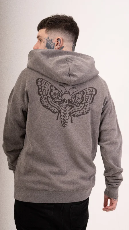 Zip Faded Death Moth Hoodie - Grey Hoodie with Hem Applique Textured Unique