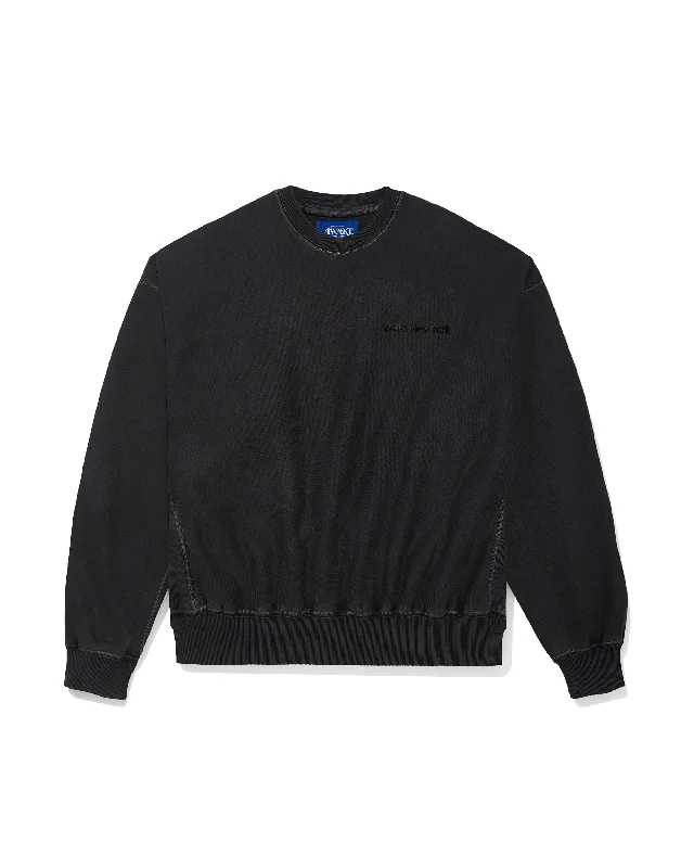 Pigment Dyed Embroidered Crewneck Sweatshirt - Black Hoodie with Raw Hem Edgy Unfinished