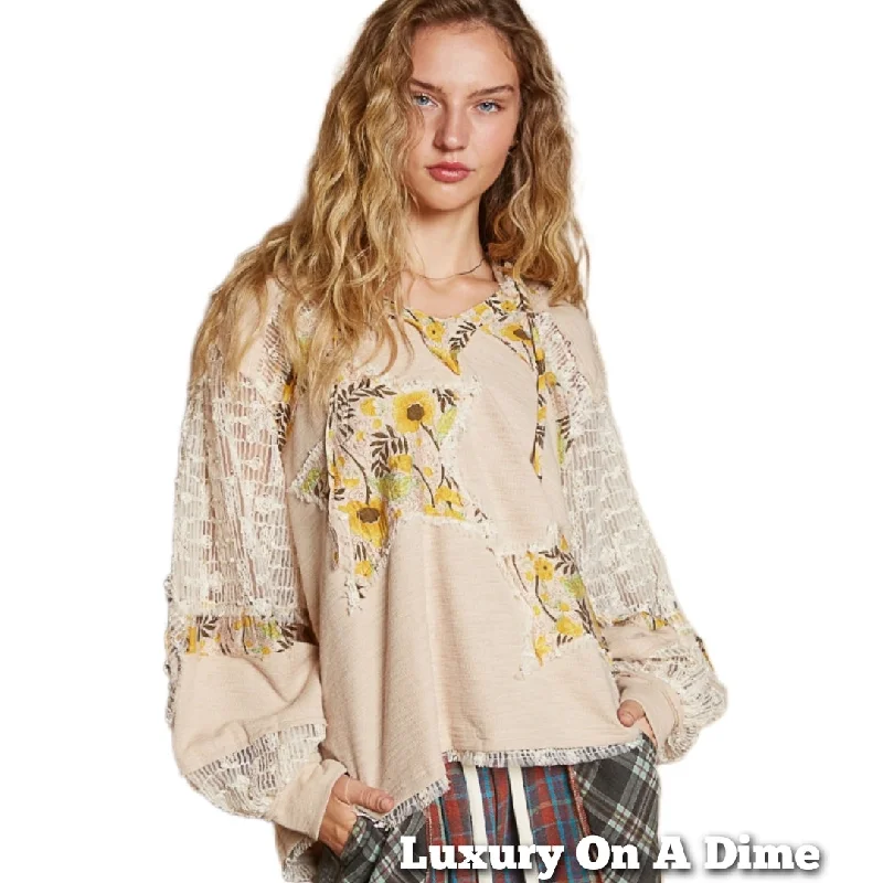 POL Lace Hoodie Star Floral Daisy Patchwork Pullover Top Long Sleeve Boho Shirt Hoodie with Crew Neck Simple Timeless