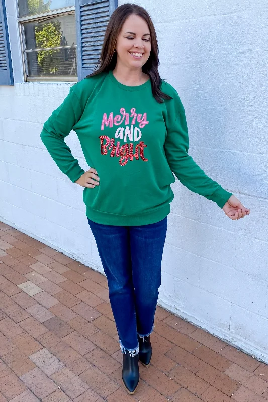 Merry & Bright Sequin Green Sweatshirt Hoodie with Hood Adjustable Protection