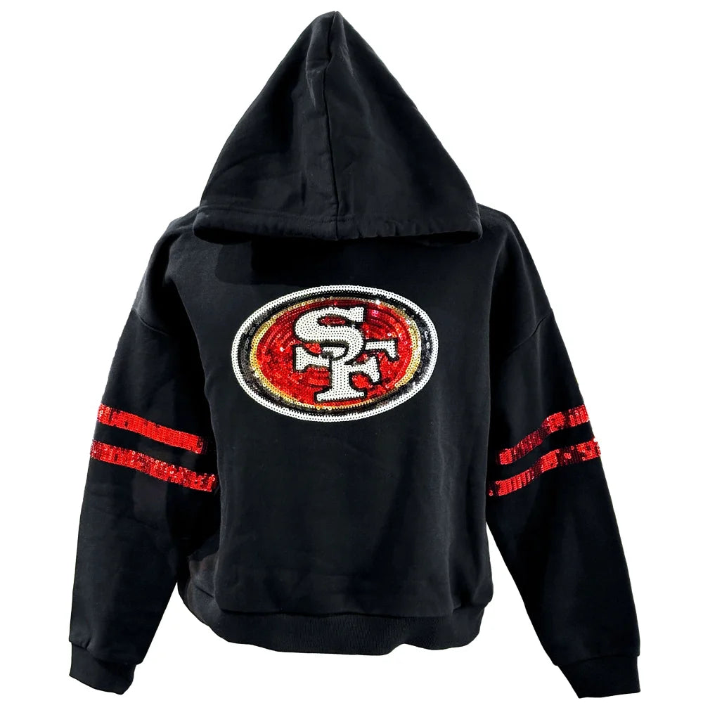 San Francisco 49ers Women's Cuce Sequin Cropped Pullover Hoodie Hoodie with Button Classic Timeless