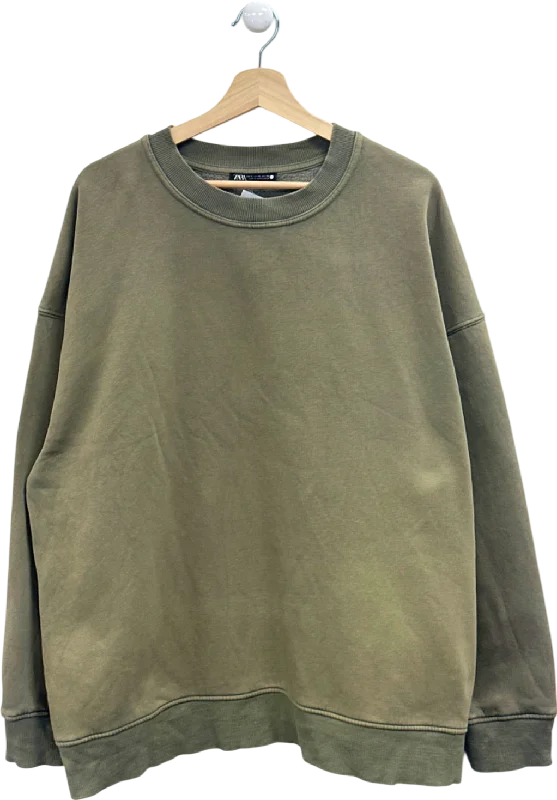 Zara Olive Green Sweatshirt UK XL Hoodie with Hem Embroidery Detailed Premium