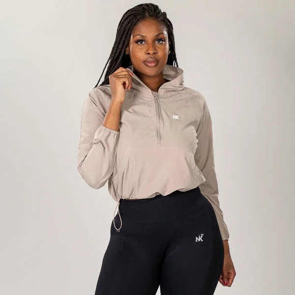 Flexi Vital  - Beige Crop Hoodie Zip Hoodie Drawstring Kangaroo Pocket