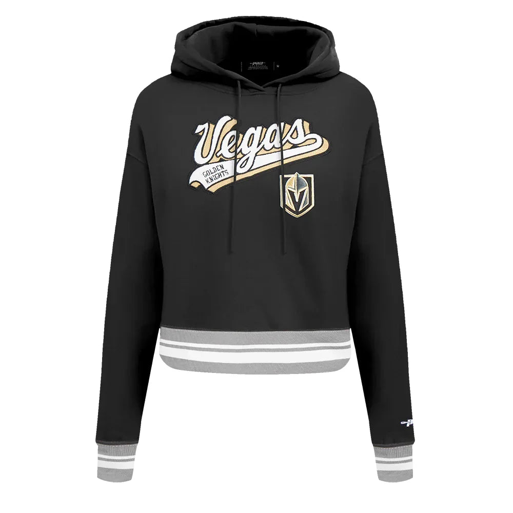 Women's Pro Standard Vegas Golden Knights Black Script Tail Fleece Cropped Pullover Hoodie Hoodie with Drawcord Adjustable Secure