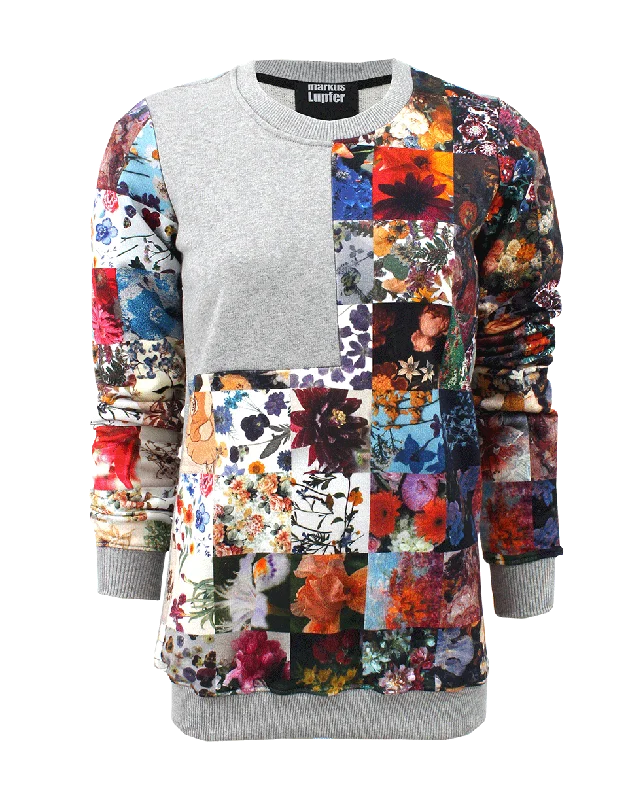 Floral Patchwork Sweatshirt Hoodie with Contrast Stitching Detailed Premium