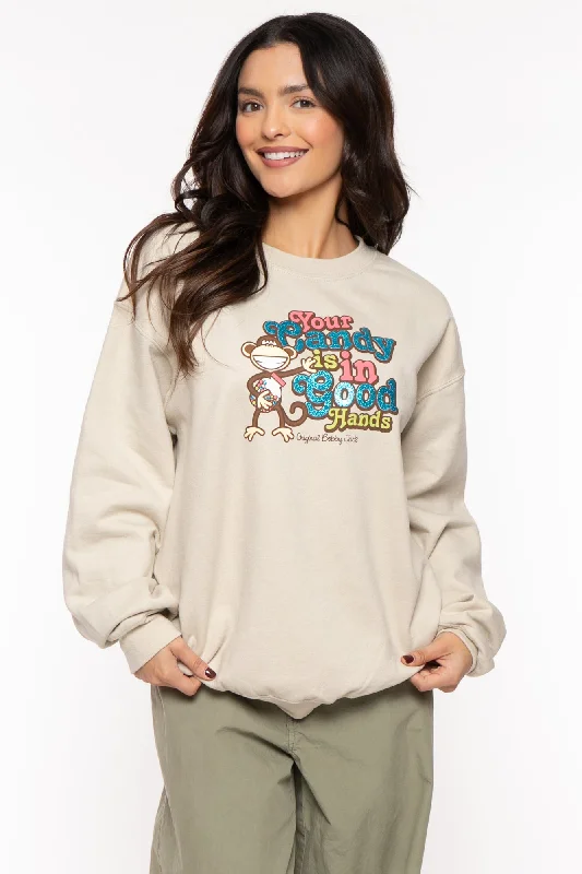 Your Candy -Bobby Jack Crew Glitter Sweatshirt - Sand Hoodie with Slit Hem Functional Movement