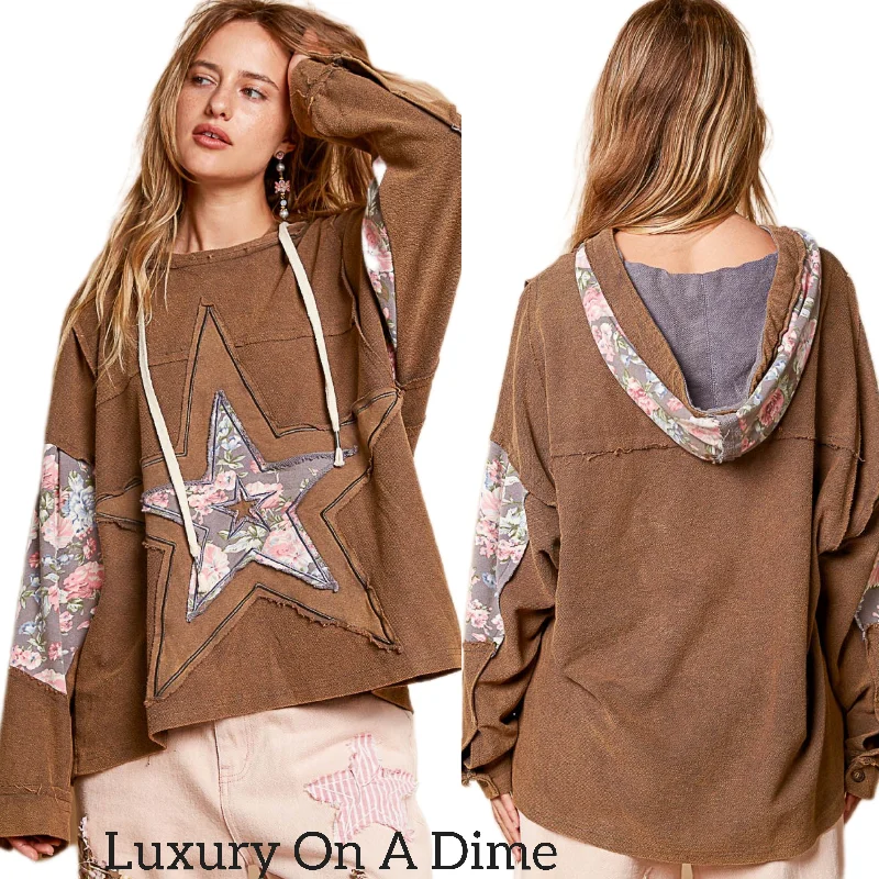 POL Hoodie French Terry Star Patchwork Raw Seam Oversized Top Hippie Boho Shirt Hoodie with Puffed Sleeves Voluminous Trendy