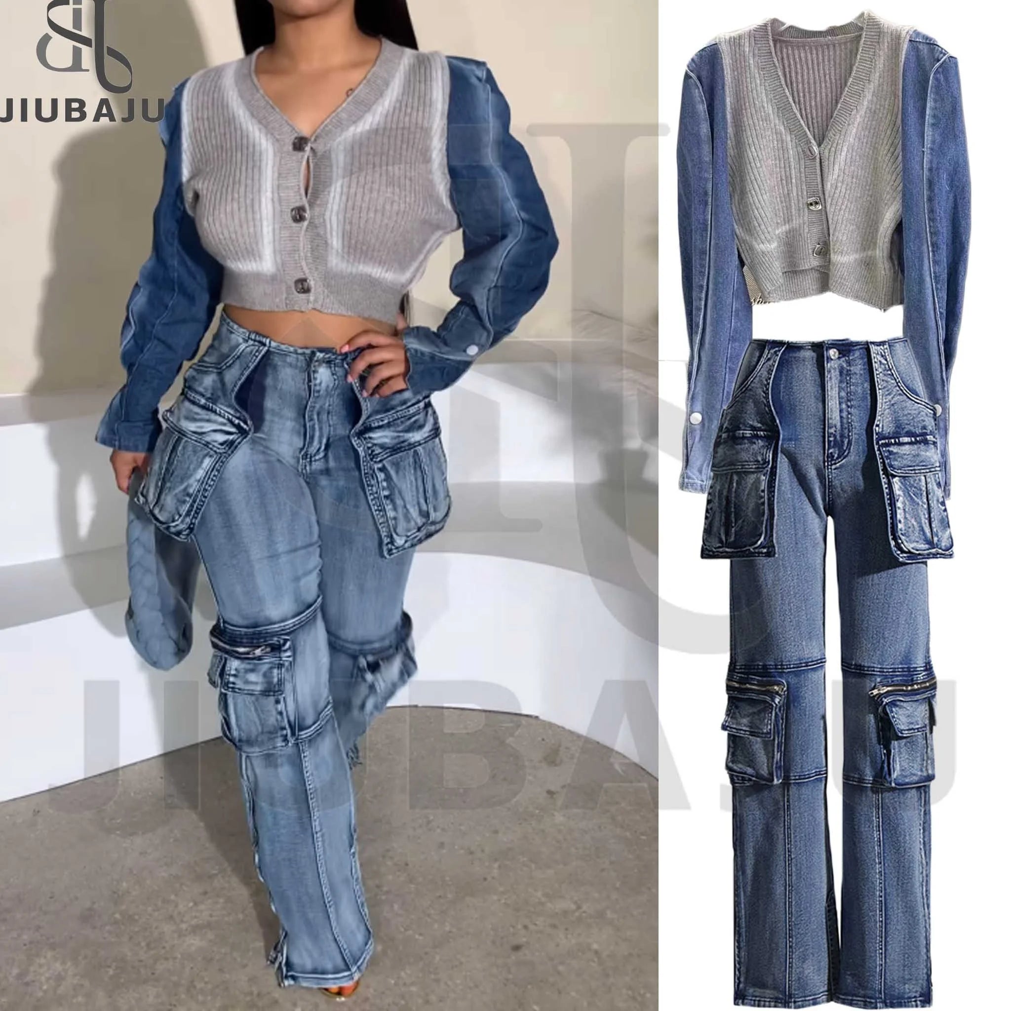 Women Spring Suit 2024 New Casual Cardigan Blouse Denim Pants Matching Set Elegant Knitted Sweater Jeans 2 Piece Solid Print Embellished