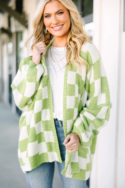 That's Life Sage Green Checkered Cardigan Seamless Knitted Crochet