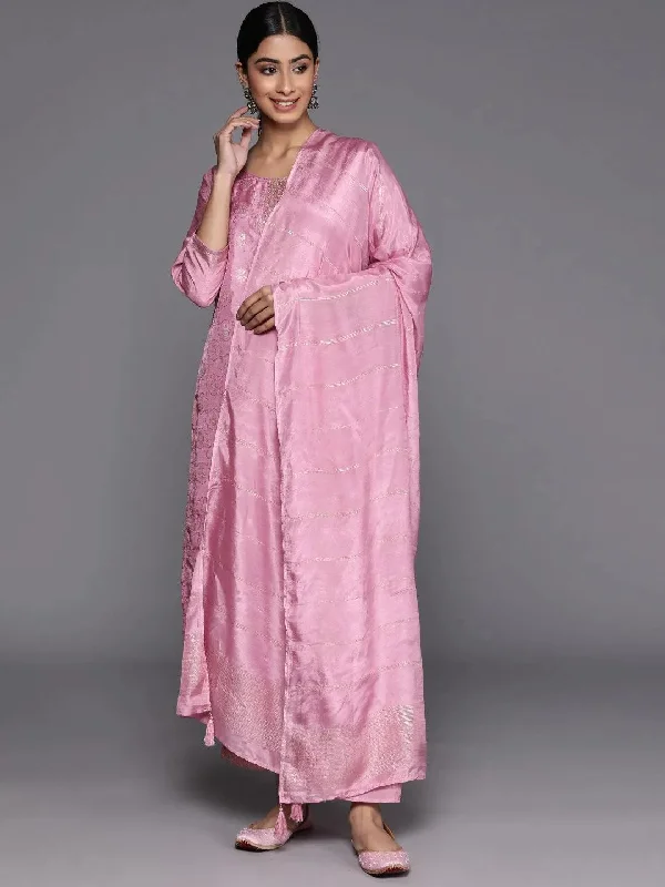 Pink Embroidered Silk Blend Straight Kurta With Trousers & Dupatta Trousers Fall Fleece