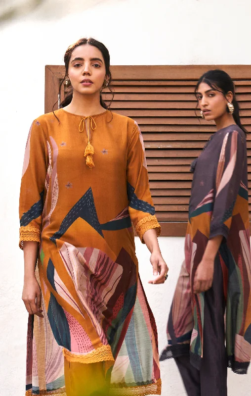 Mustard Yellow Abstract Print Kurta Set With Trousers Trousers stylish modern