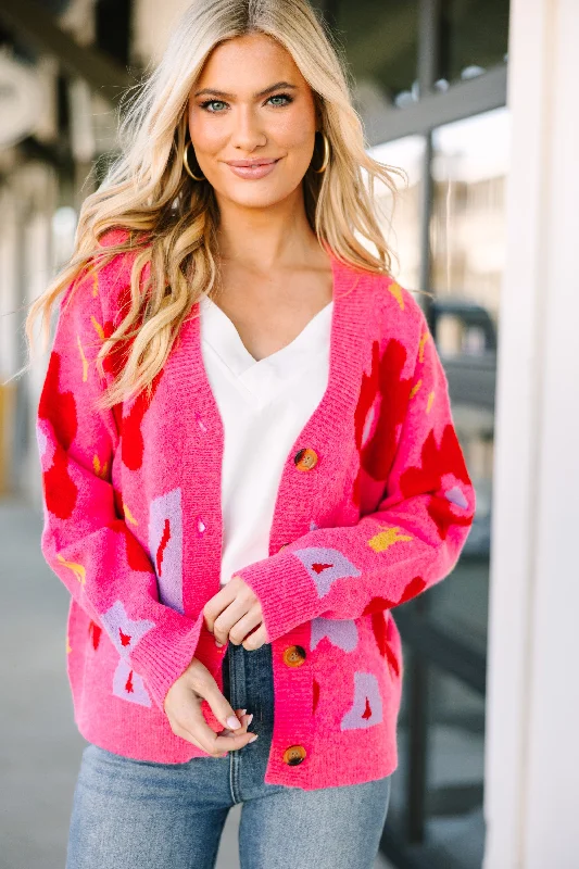 Take One Hot Pink Floral Cardigan Asymmetrical,ymmetric Pencil Cardigan