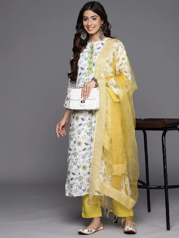 Varanga Floral Printed Regular Thread Work Kurta With Trousers & Dupatta Trousers Leather Faux