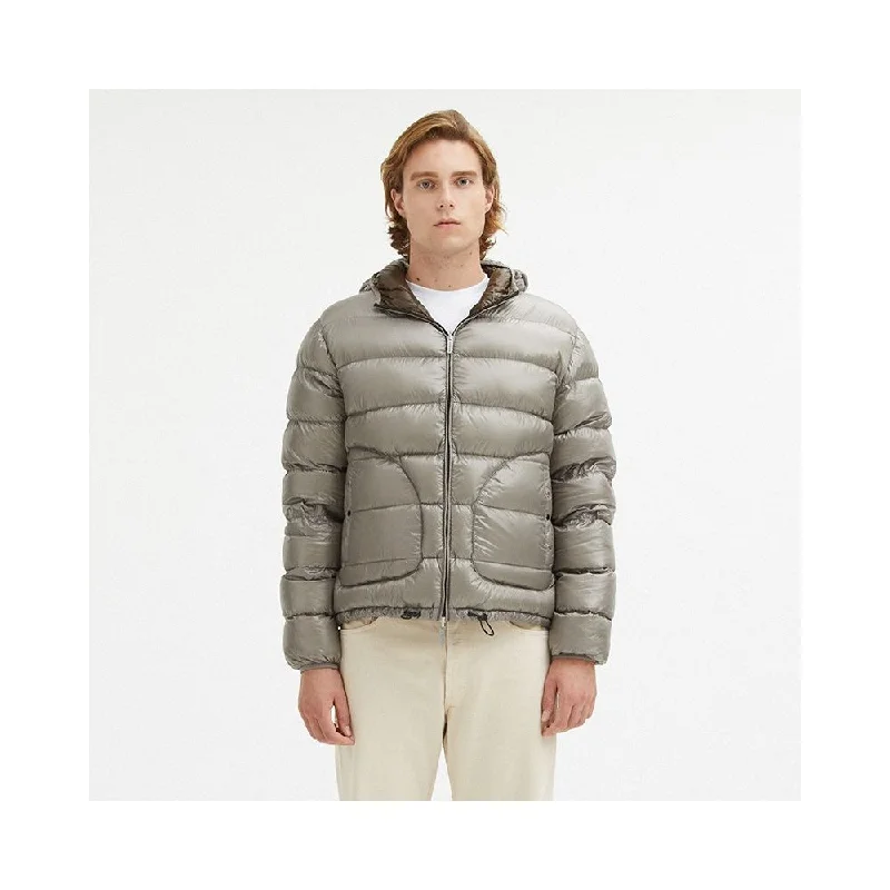 Gray Nylon Men Reversible Jacket Snapped Jacket Toggled Jacket Drawstring Jacket