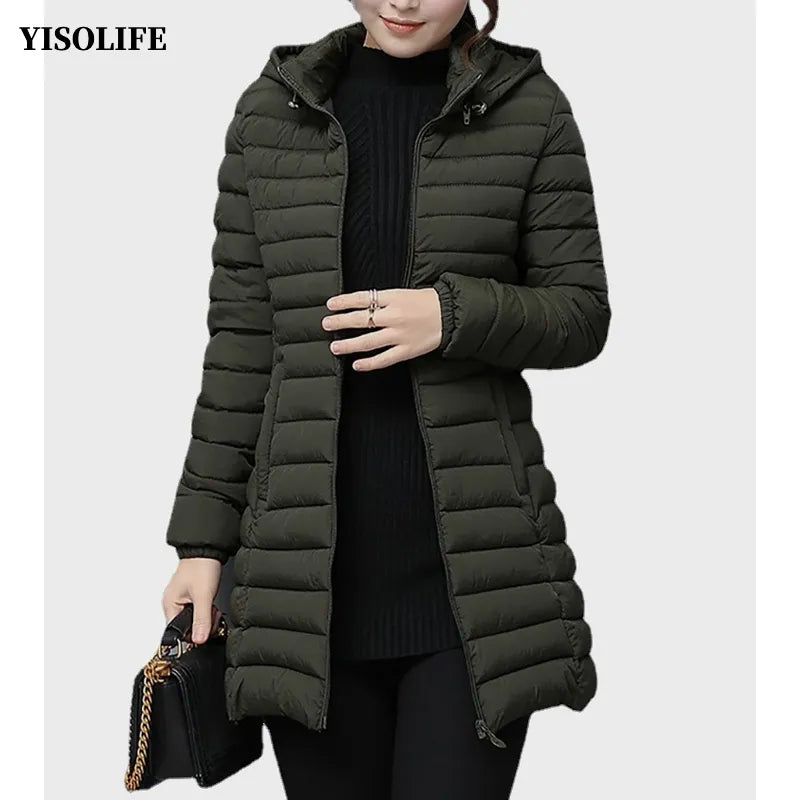 YISOLIFE Women's Lightweight Padded Jacket Mid-Length Winter Jackets with Pockets Quilted Coat with Removable Hood Print Jacket Jacquard Jacket Patchwork Jacket