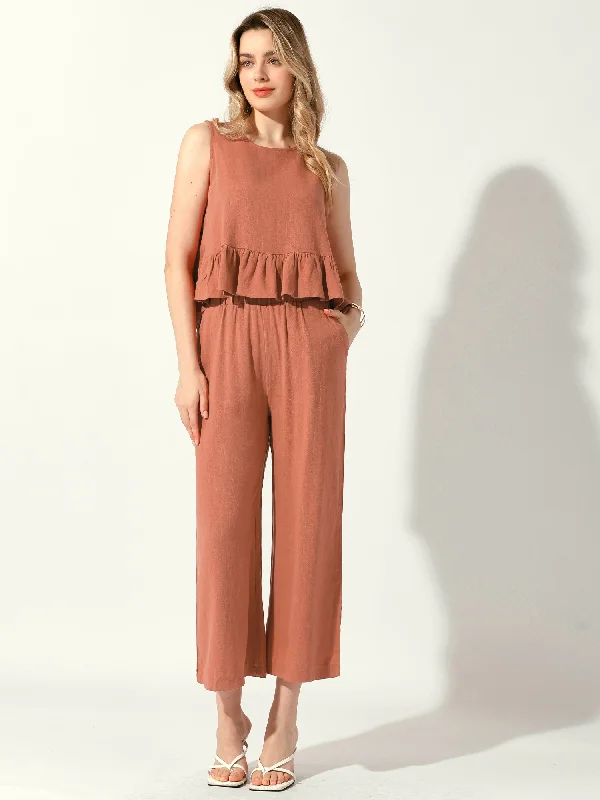 2 Piece Linen Ruffle Sleeveless Cropped Top & Solid Pants Trousers Trousers versatile all-occasion