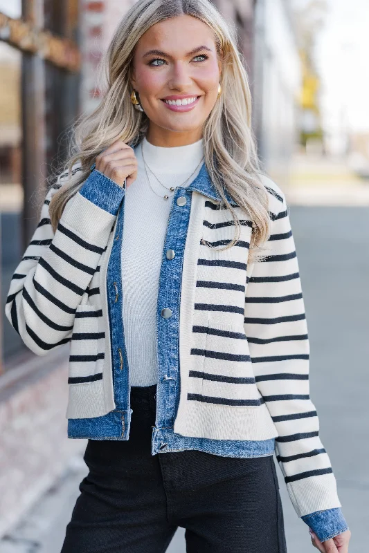 Make Your Choice Cream Striped Cardigan Jacket Spandex Blend Rayon Blend Denim Blend